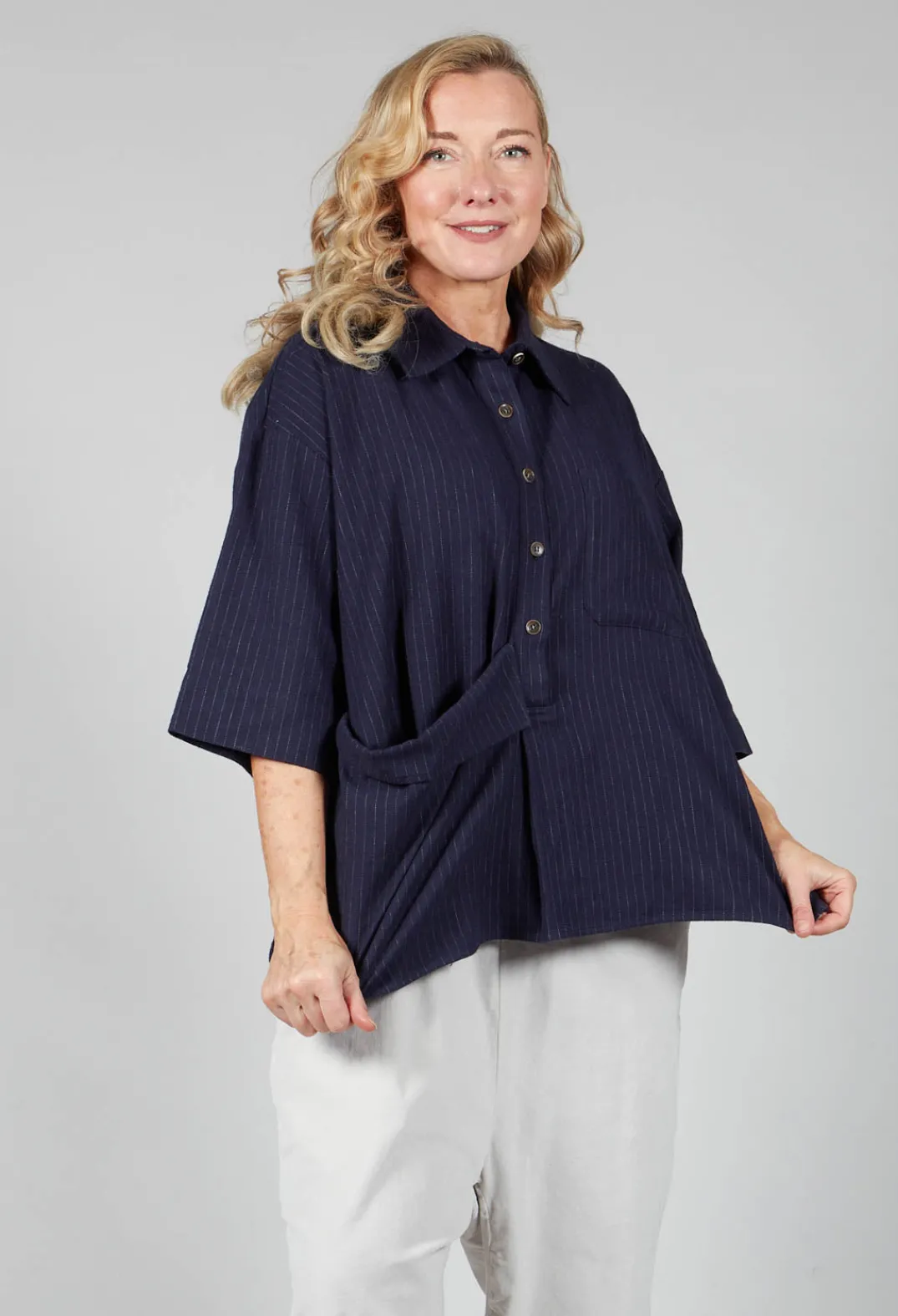 SOH Shirts & Blouses^3/4 Sleeved Shirt with Statement Pocket in Navy Stripe