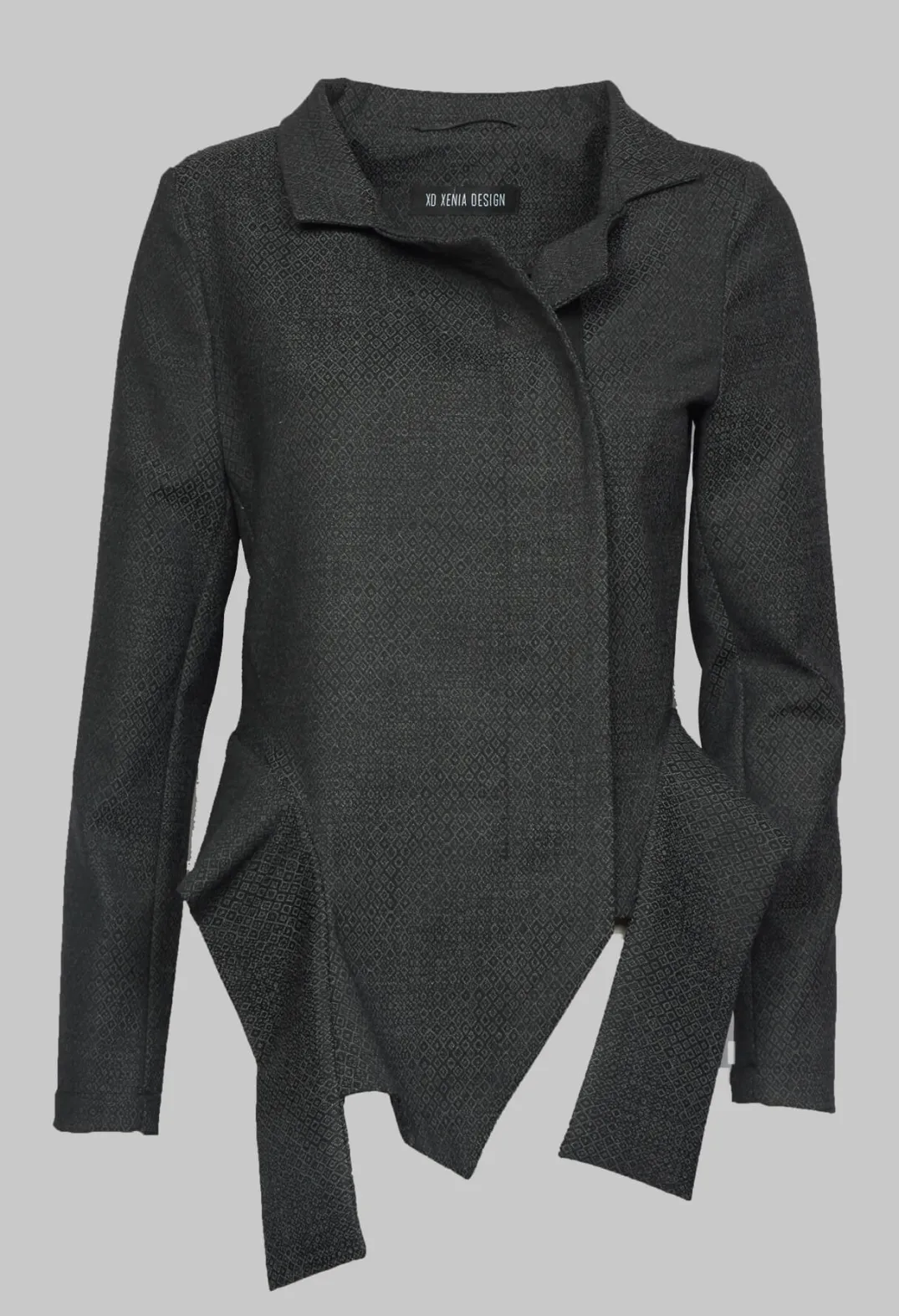 Xenia Design Jackets^Asymmetric Hem Jacket with Grey Black Print