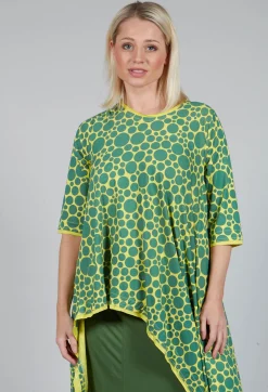 Bread and Butter Tops^Asymmetrical Jersey Tunic Top in Lime with Green Pois