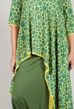 Bread and Butter Tops^Asymmetrical Jersey Tunic Top in Lime with Green Pois