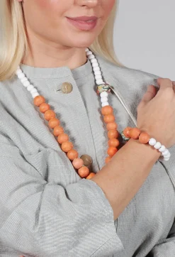 Alice Visin Bracelets^Beaded Bracelet with Paper Mache Ball in Orange/White