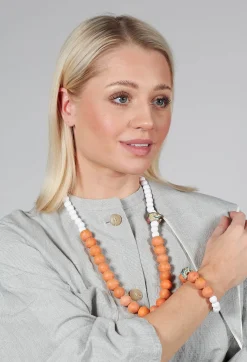 Alice Visin Bracelets^Beaded Bracelet with Paper Mache Ball in Orange/White