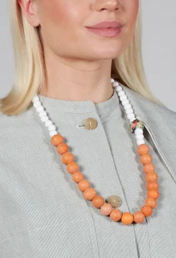 Alice Visin Necklaces^Beaded Necklace with Paper Mache Ball in Orange/White