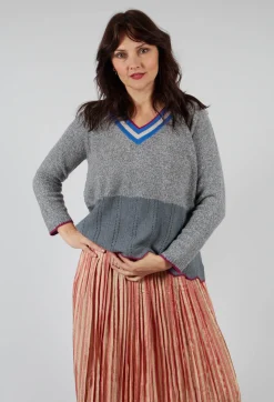 Traces of Me Jumpers^Bell Frill V Neck Jumper in Coal Met Taupe