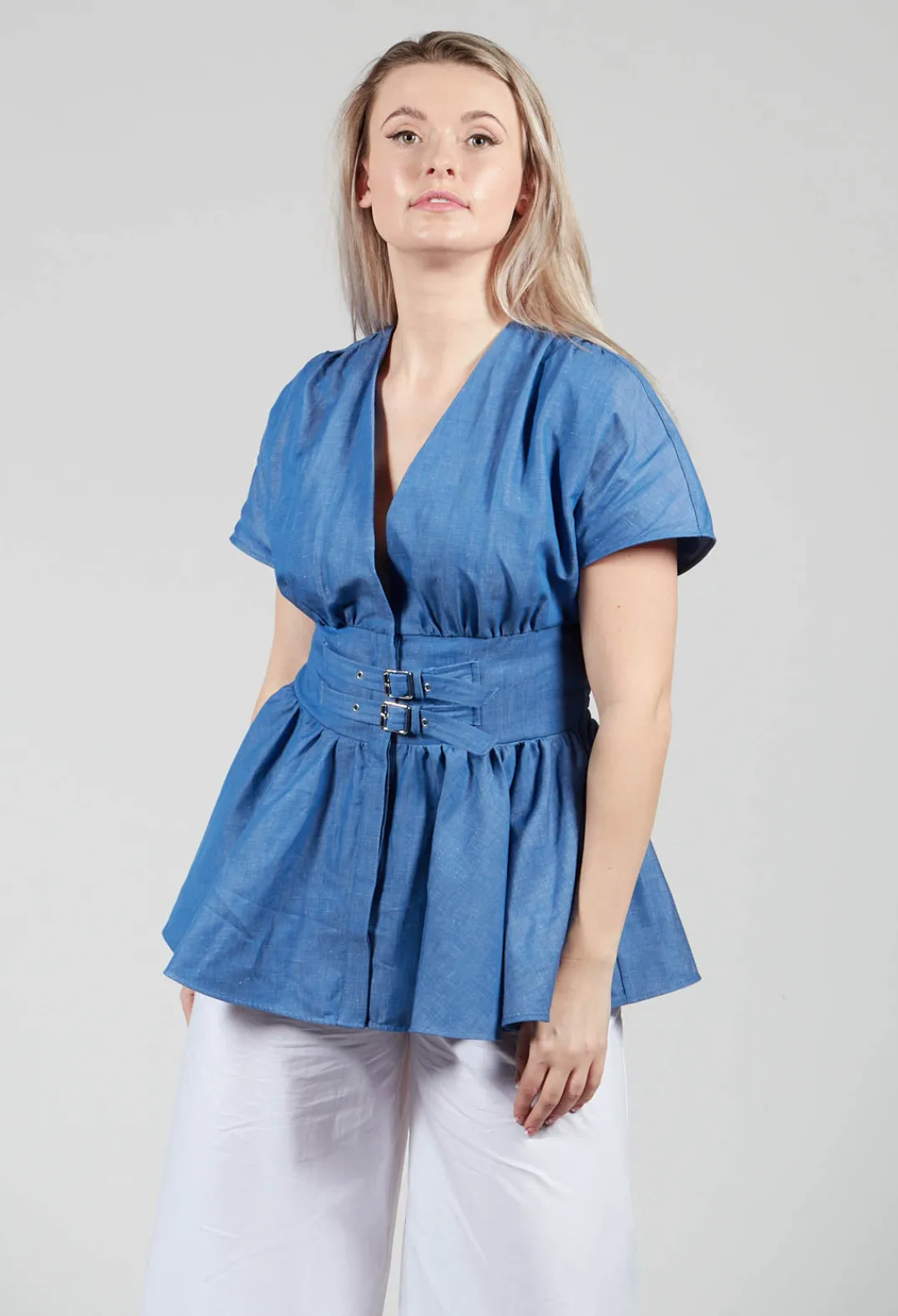 Mei Meij Shirts & Blouses^Belt Front Blouse in Light Denim