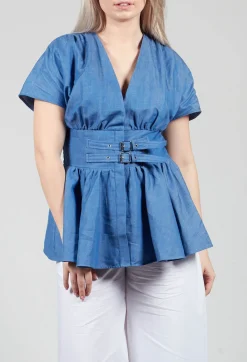 Mei Meij Shirts & Blouses^Belt Front Blouse in Light Denim