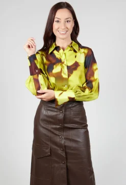 Beatrice B Shirts & Blouses^Blurred Print Silk Blouse in Lime