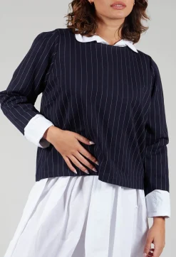 Les Filles d'Ailleurs Tops^Box Shaped Top in Navy Pinstripe