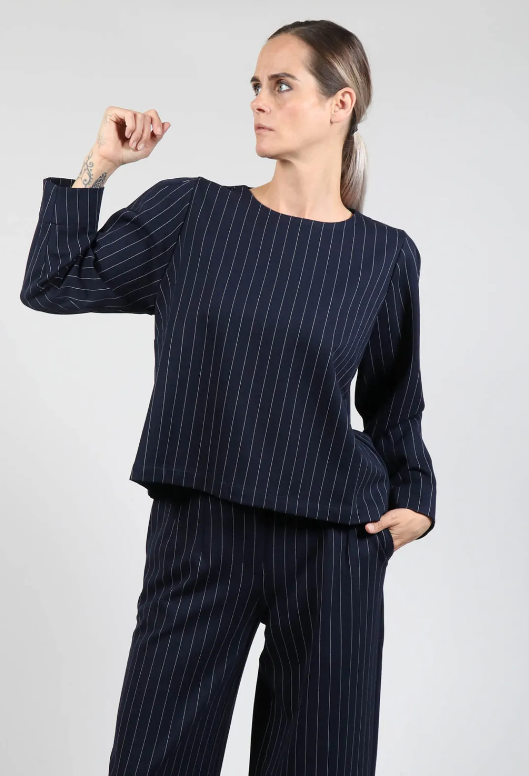 Les Filles d'Ailleurs Tops^Box Shaped Top in Navy Pinstripe