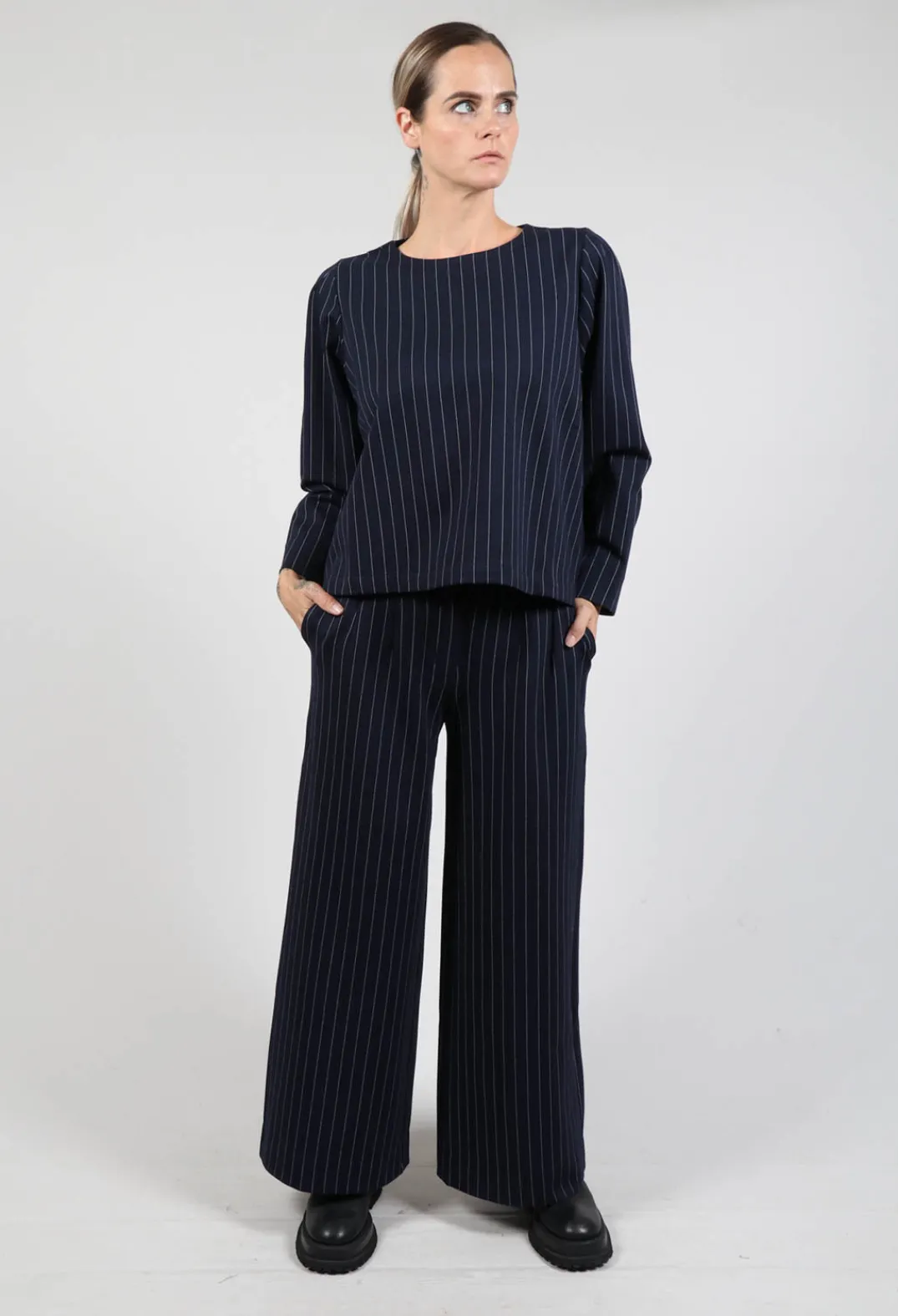 Les Filles d'Ailleurs Tops^Box Shaped Top in Navy Pinstripe