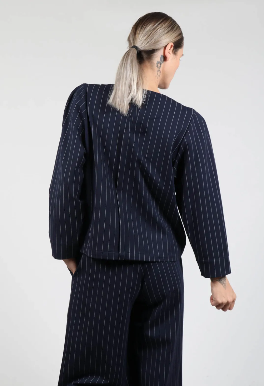 Les Filles d'Ailleurs Tops^Box Shaped Top in Navy Pinstripe