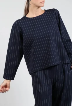 Les Filles d'Ailleurs Tops^Box Shaped Top in Navy Pinstripe