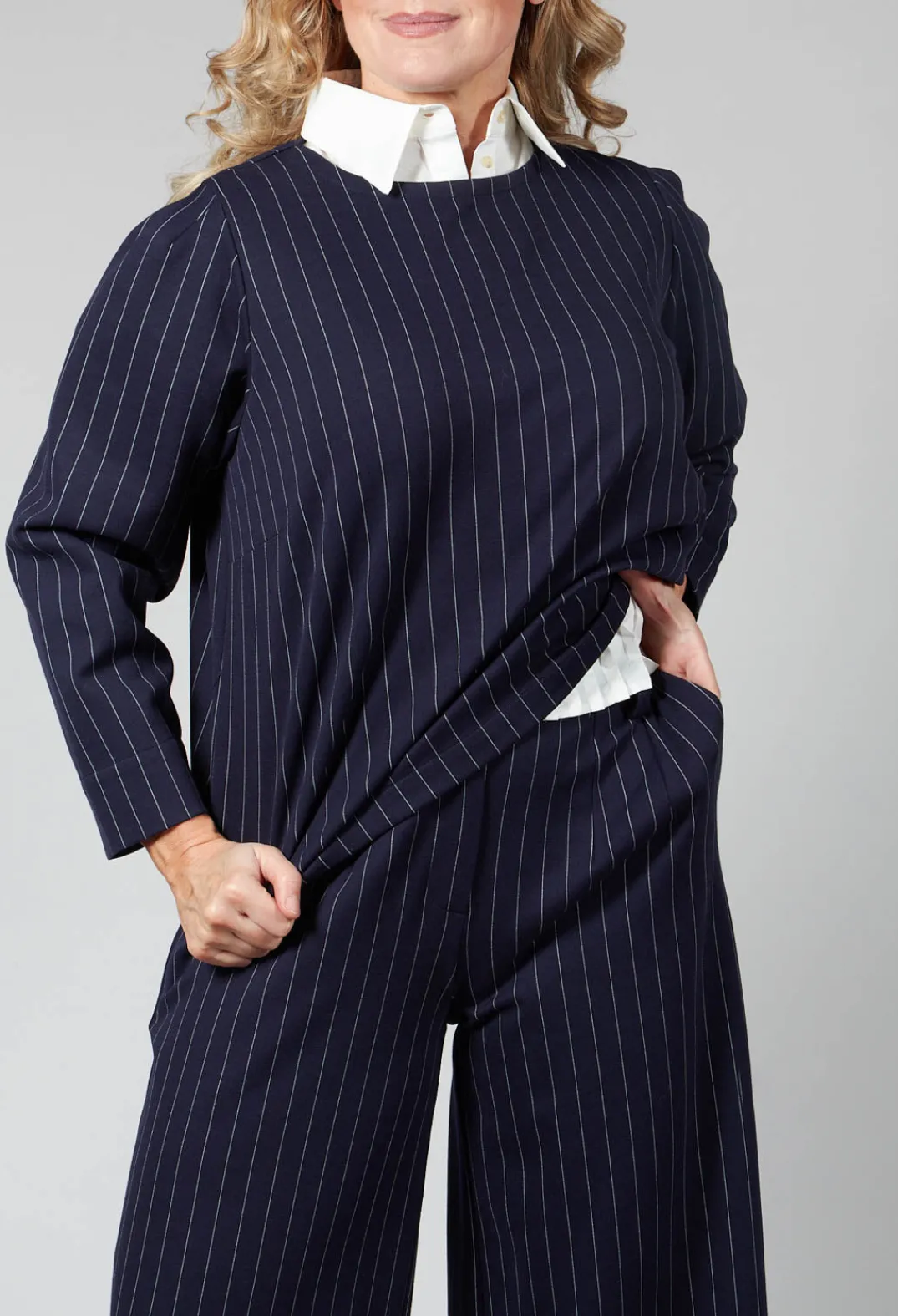 Les Filles d'Ailleurs Tops^Box Shaped Top in Navy Pinstripe