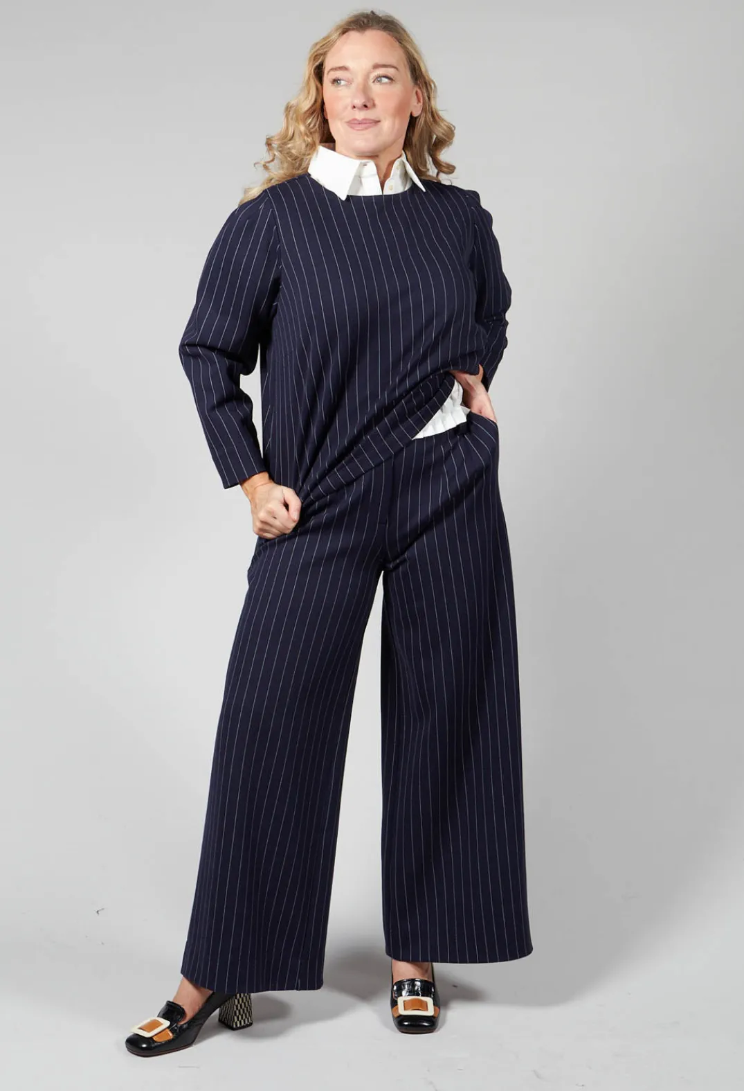 Les Filles d'Ailleurs Tops^Box Shaped Top in Navy Pinstripe