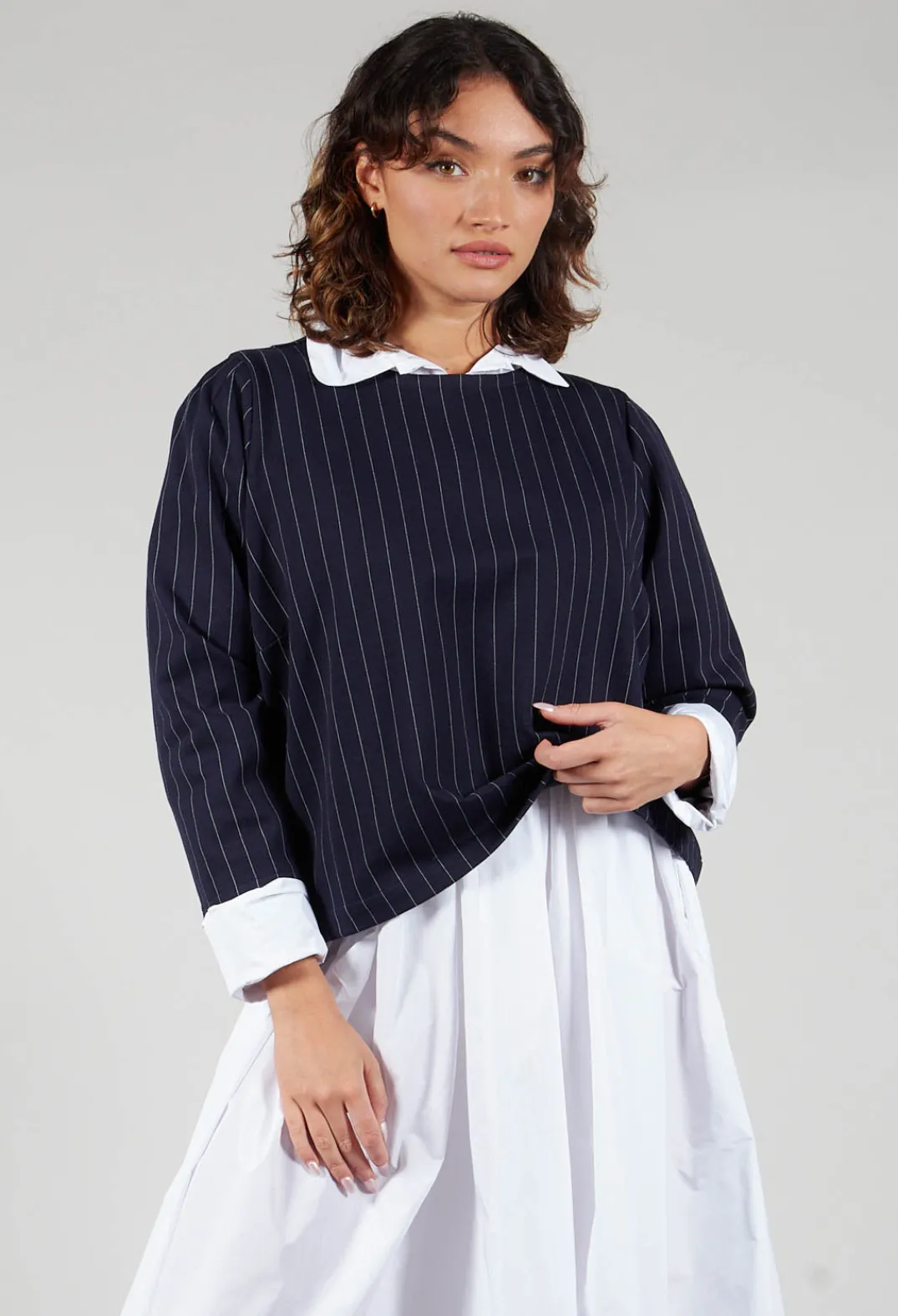 Les Filles d'Ailleurs Tops^Box Shaped Top in Navy Pinstripe
