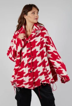 Rundholz Mainline Cardigans^Button Dogstooth Cardigan in Cardinal Bone Jacquard