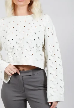 Sarah Pacini Jumpers^Cable Knit Cropped Sweater in Off White