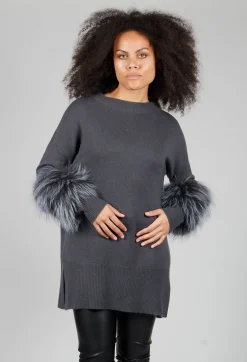 Dom Goor Knitwear|Jumpers^Cashmere Jumper with Fur Trim Sleeves in Volcanic Rock Grey