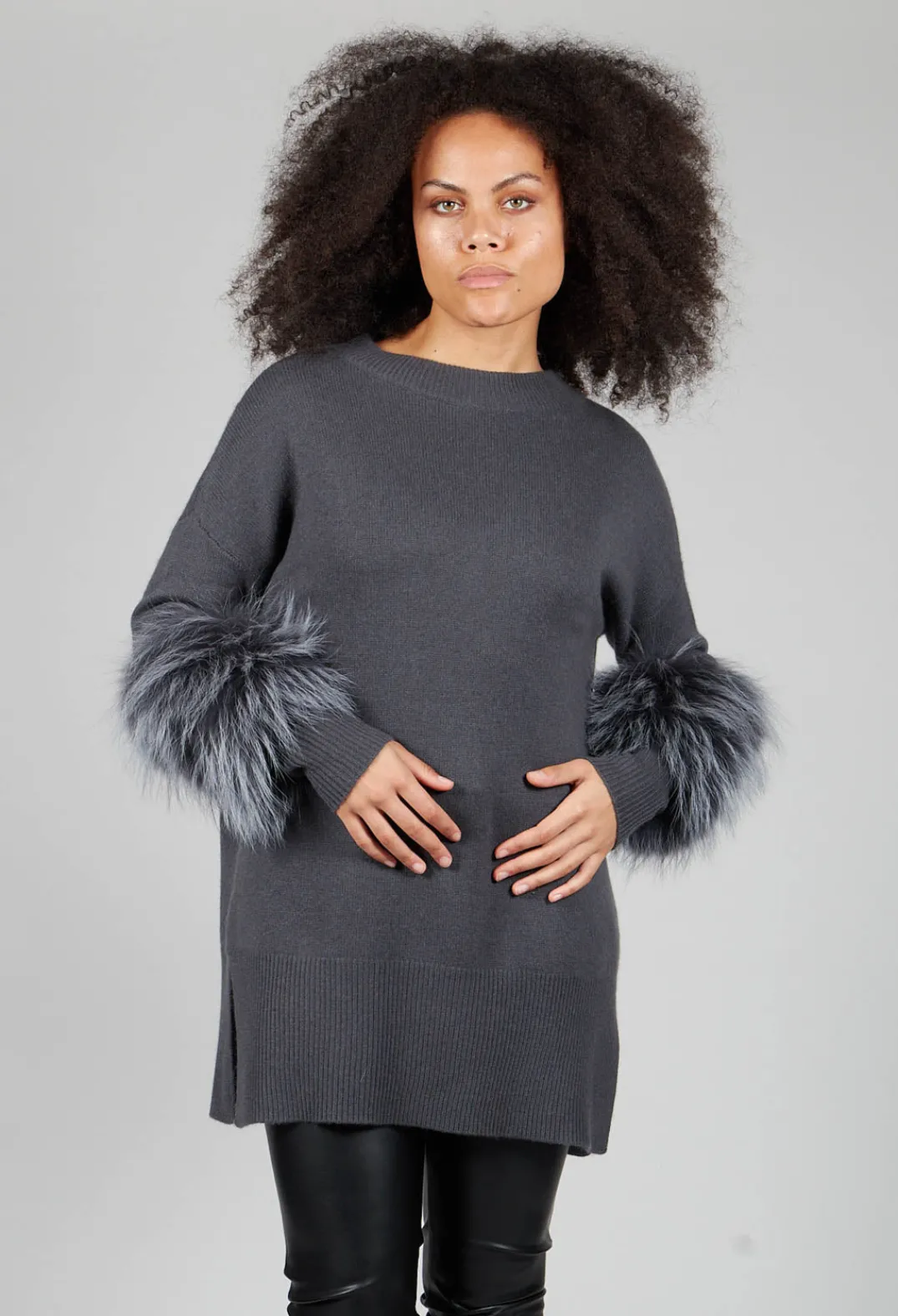 Dom Goor Knitwear|Jumpers^Cashmere Jumper with Fur Trim Sleeves in Volcanic Rock Grey