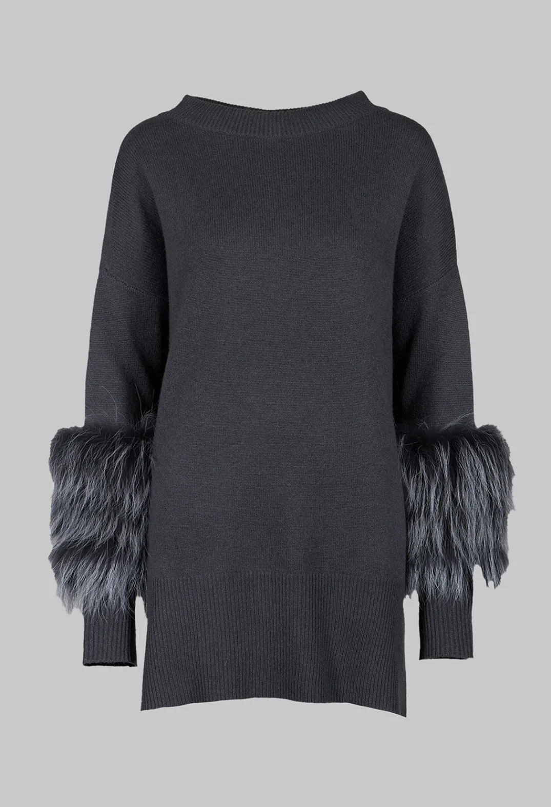 Dom Goor Knitwear|Jumpers^Cashmere Jumper with Fur Trim Sleeves in Volcanic Rock Grey