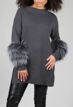 Dom Goor Knitwear|Jumpers^Cashmere Jumper with Fur Trim Sleeves in Volcanic Rock Grey