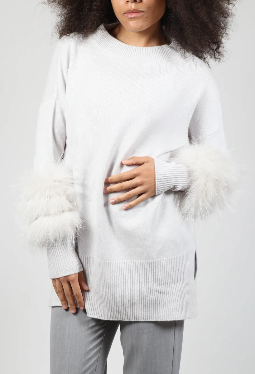 Dom Goor Knitwear|Jumpers^Cashmere Jumper with Fur Trim Sleeves in Fog