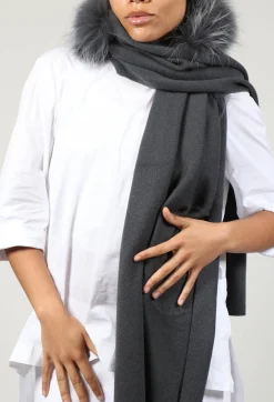 Dom Goor Scarves^Cashmere Scarf with Fur Trim in Volcanic Rock Grey