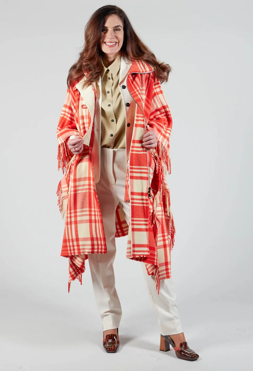 Beatrice B Coats^Checkered Wool Cape in Red