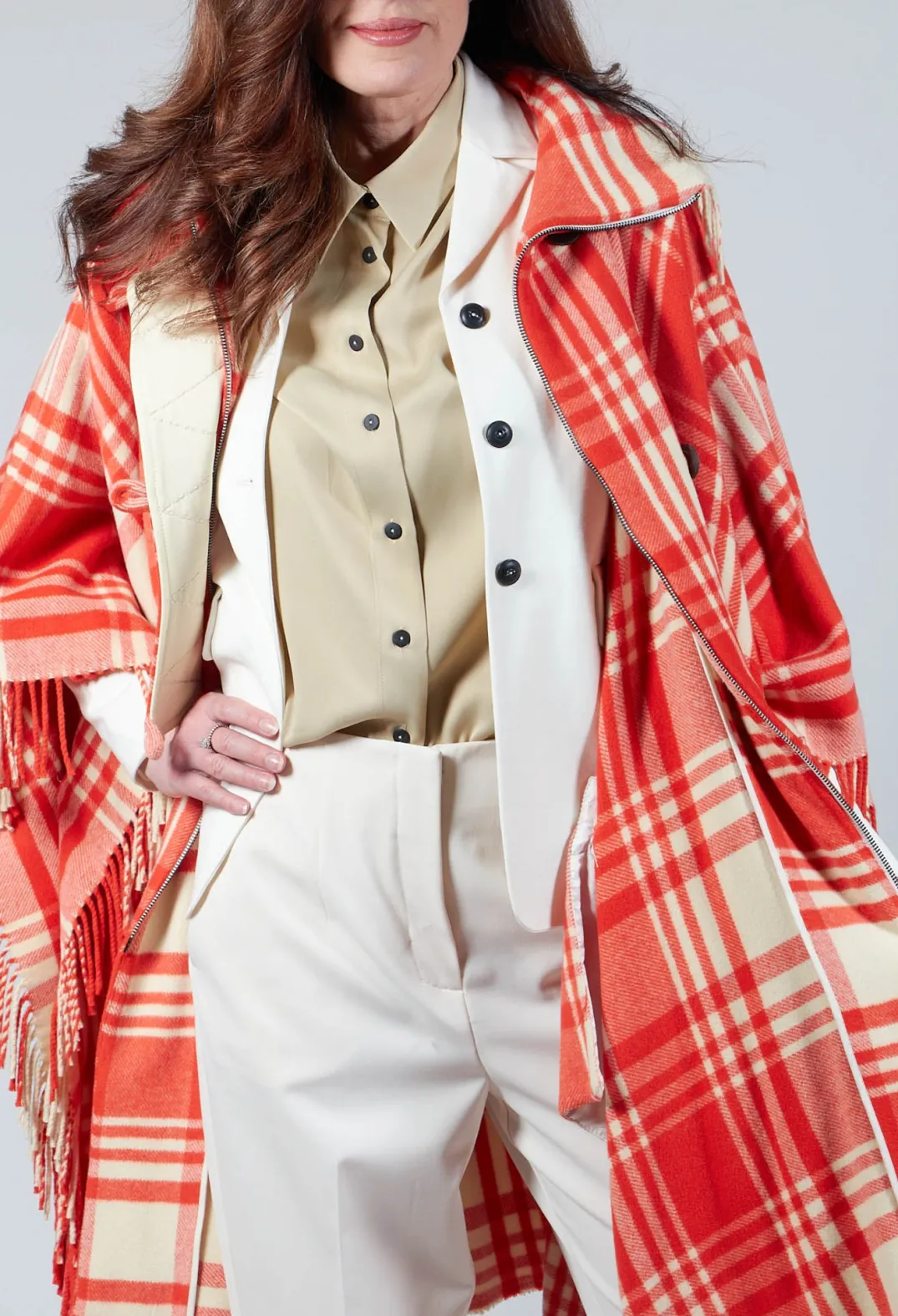 Beatrice B Coats^Checkered Wool Cape in Red
