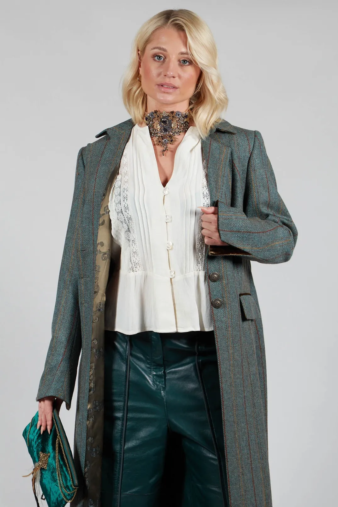 T.ba Coats^Classic Tweed Coat in Blue Tweed