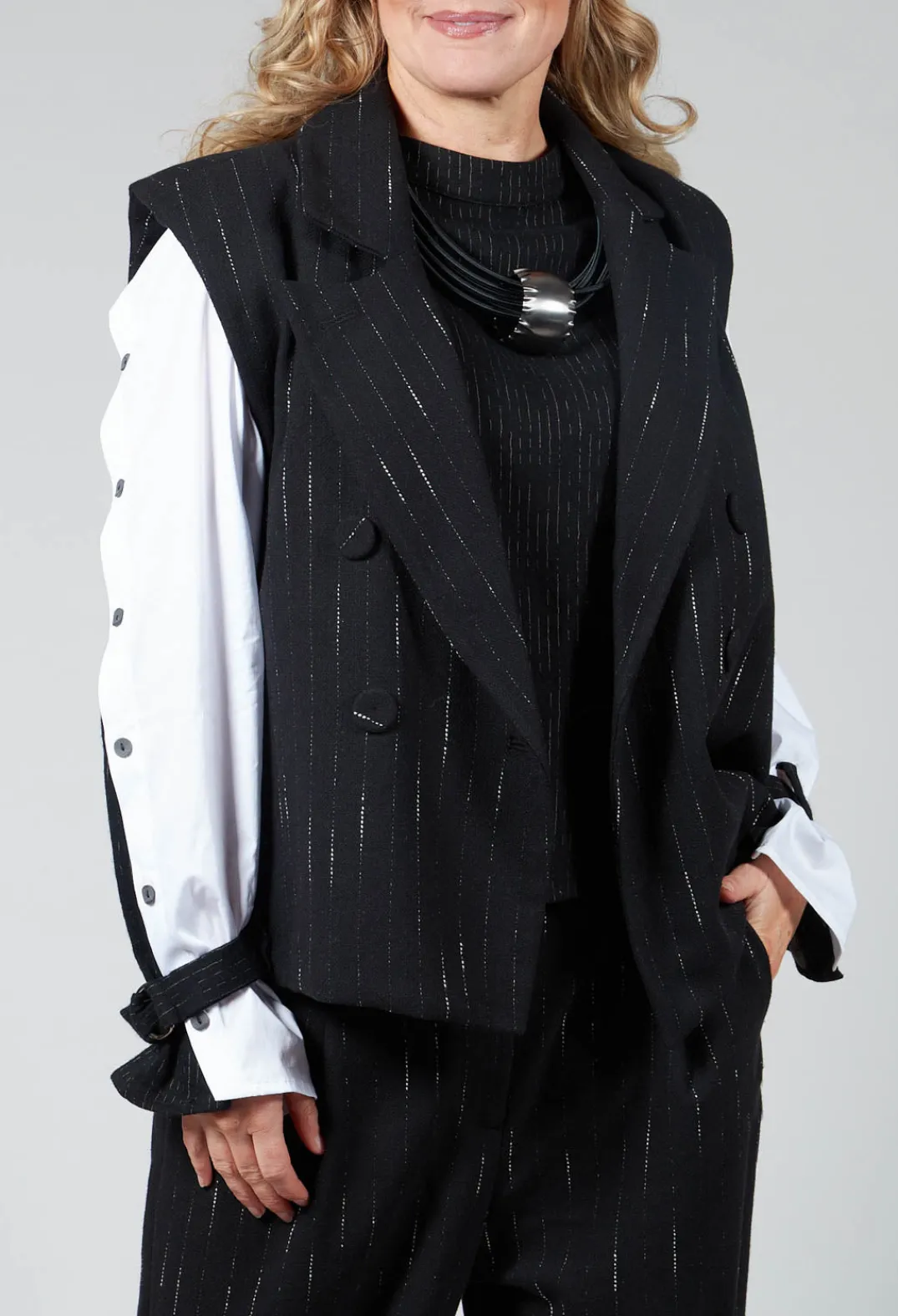 Amici Jackets^Cotton Striped Blazer Vest in Black