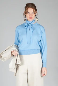 Mei Meij Jumpers^Crew Neck Jumper with Tie Neck in Breeze