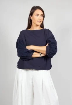Baci Jumpers^Crinkle Top with Contrasting Sleeves in Navy