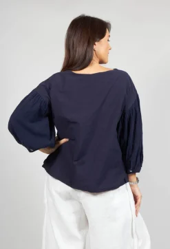 Baci Jumpers^Crinkle Top with Contrasting Sleeves in Navy
