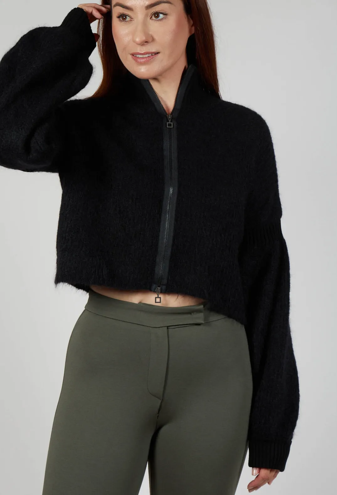 Sarah Pacini Cardigans^Cropped High Neck Zip Up Cardigan in Black