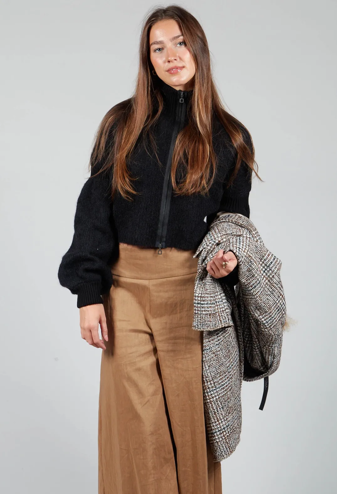 Sarah Pacini Cardigans^Cropped High Neck Zip Up Cardigan in Black