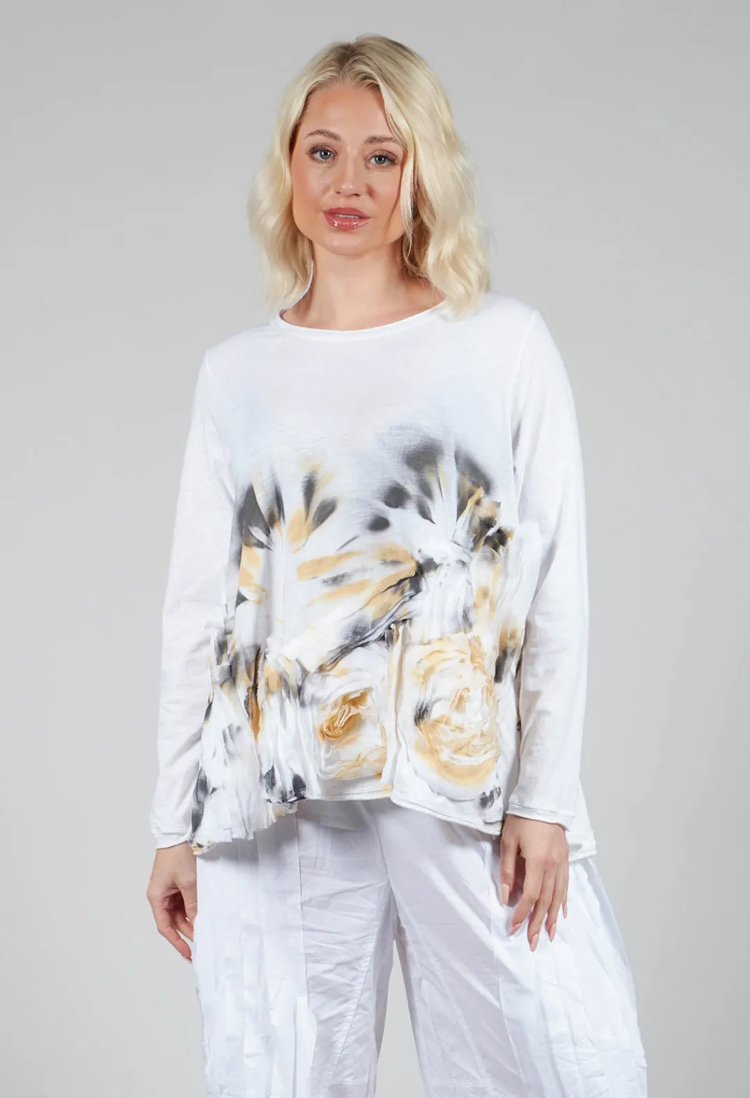 Tadashi Tops^3D Flower and Print Top in White