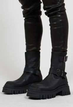 Lofina Boots^Double Buckle Ankle Boots in Gasoline Cobra Nero