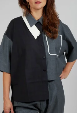 SOH Shirts & Blouses^Double Collar Shirt in Grey Blue
