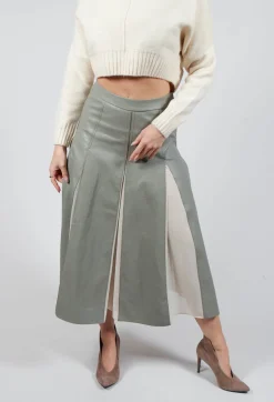 Beatrice B Skirts^Faux Leather Georgette Skirt in Green