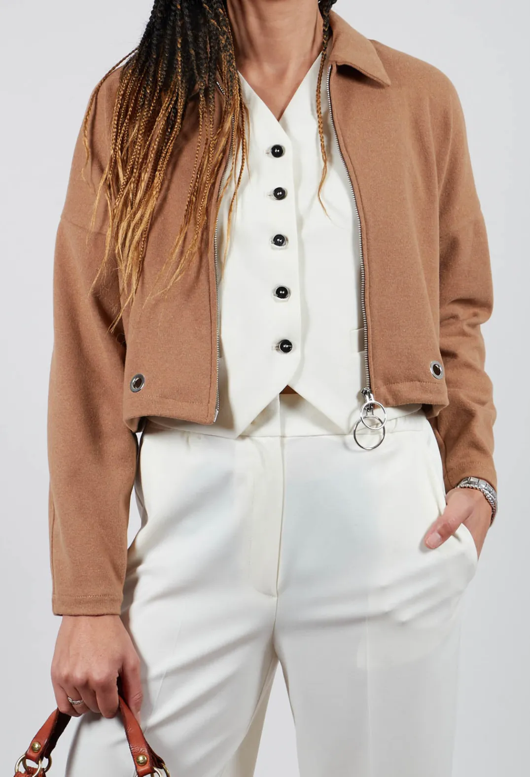 Beatrice B Jackets^Fleece Cropped Jacket in Camel