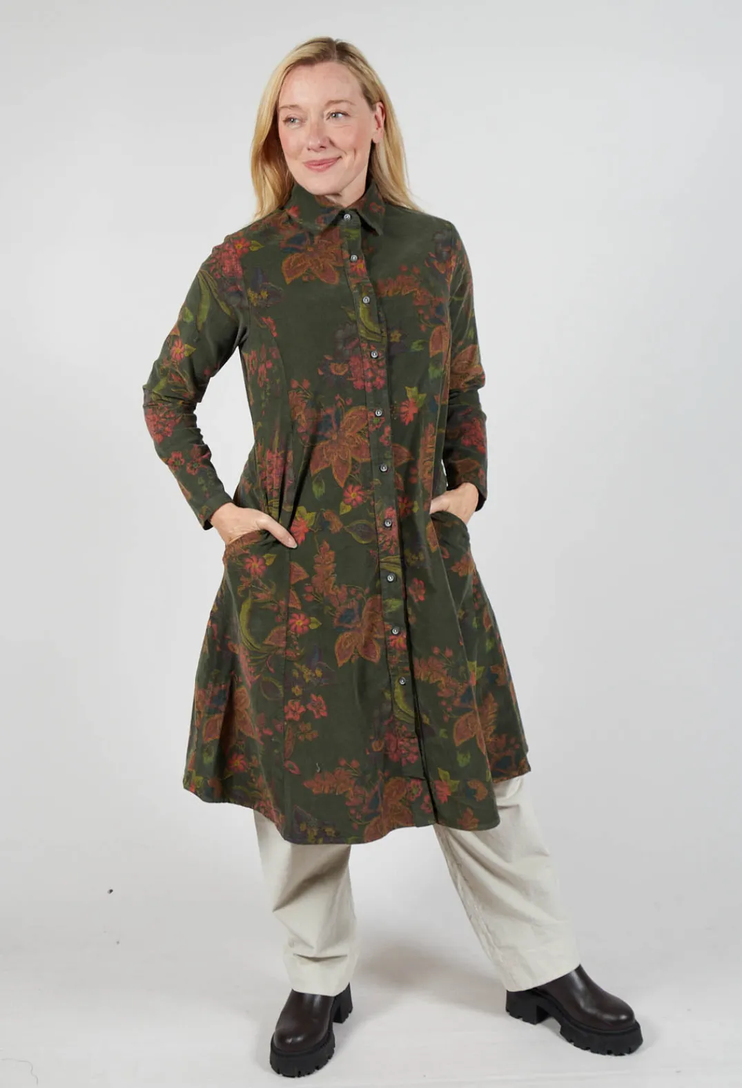 Blueberry Dresses^Floral Cord Shirt Dress in Moss