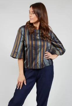 Akaaro Shirts & Blouses^Gathered Cotton Ikkat Blouse in Peacock Teal