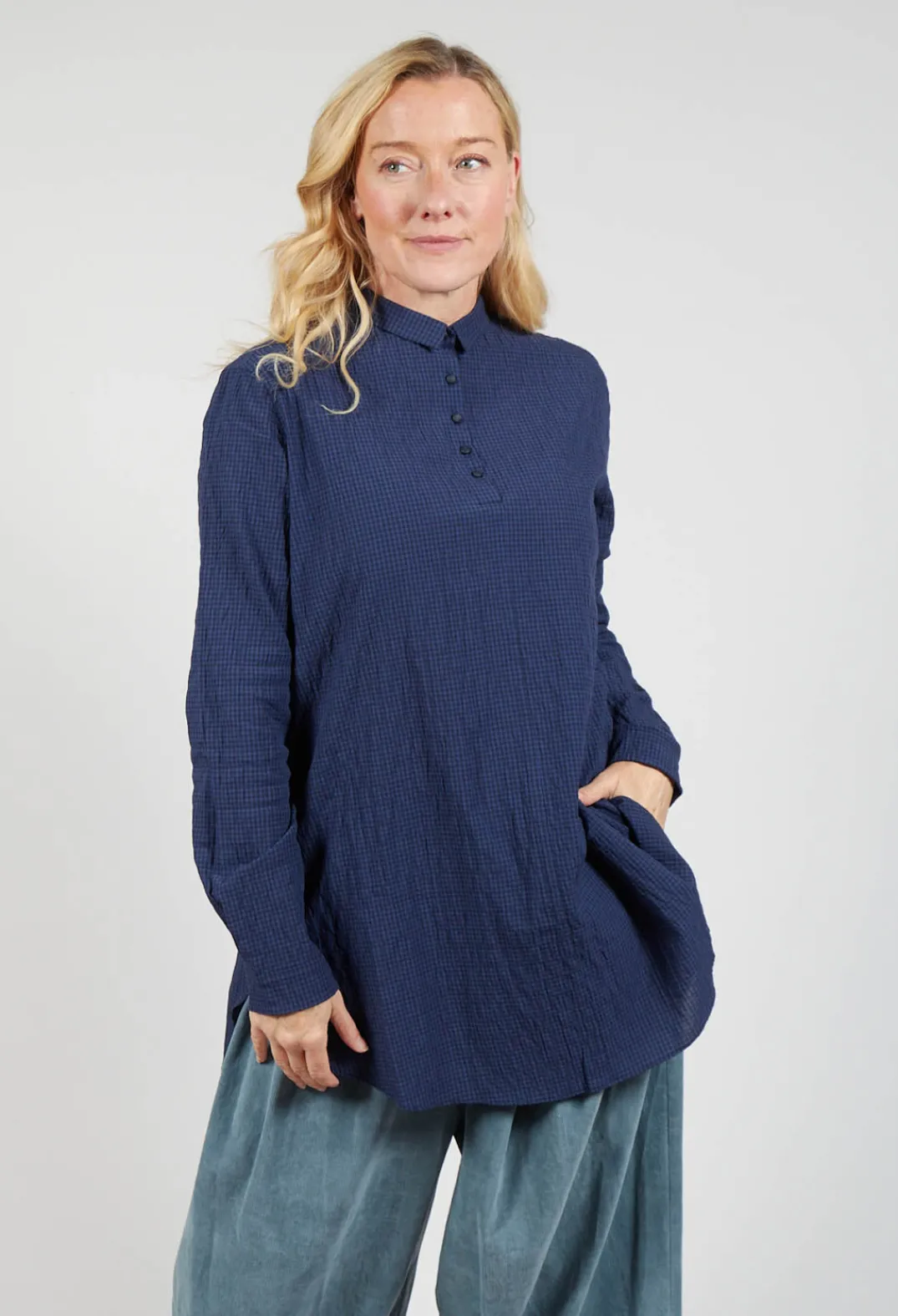 Apuntob Shirts & Blouses^Gingham 3/4 Button Up Shirt in Blue Night