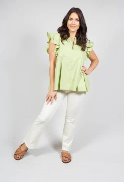 Beatrice B Shirts & Blouses^Green V Neck Shirt with Flounce Sleeves