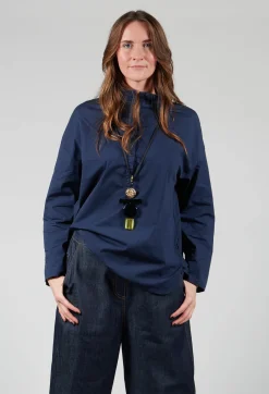 Elemente Clemente Shirts & Blouses^Half Button Through Shirt with Stand Collar in Dark Blue