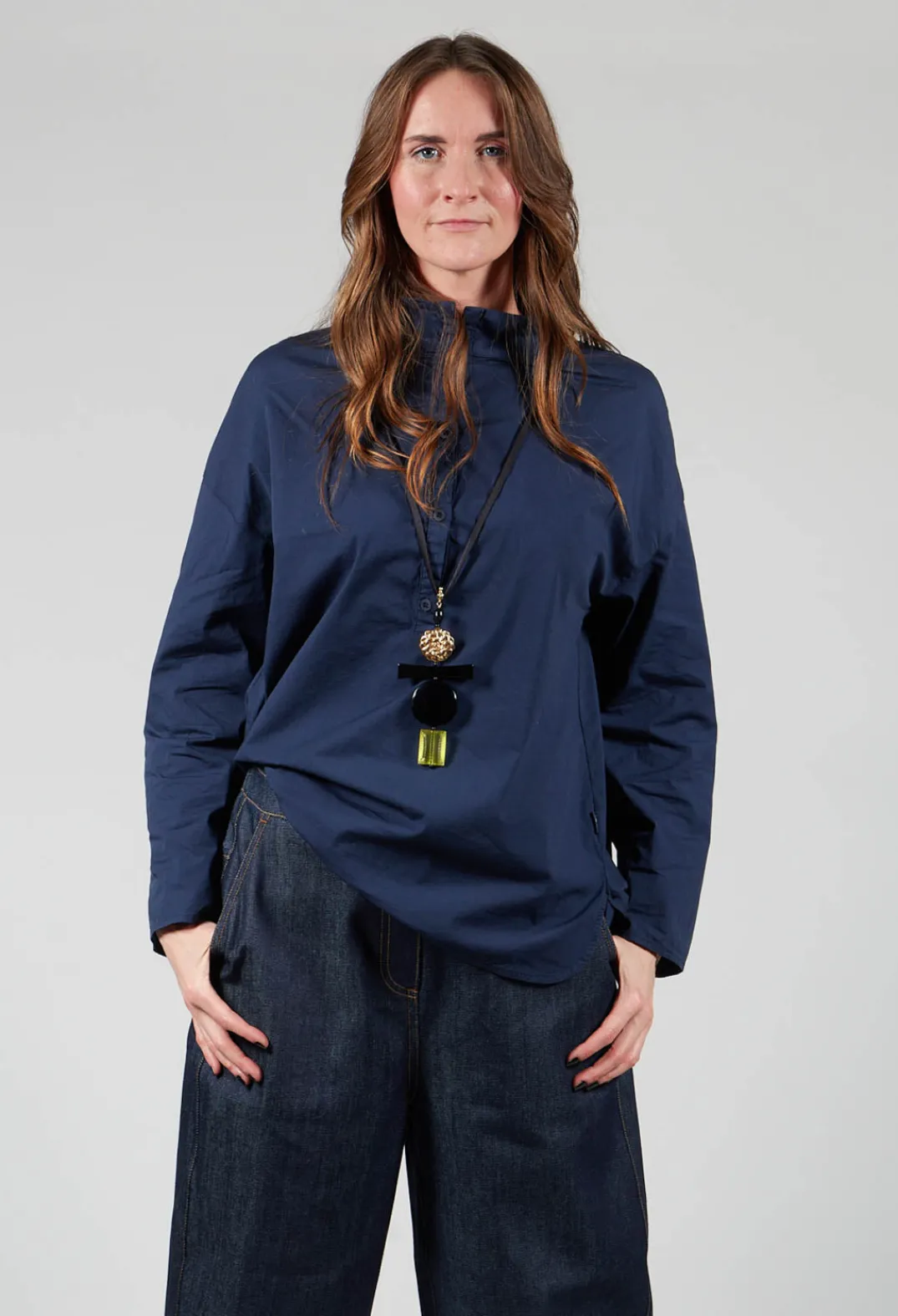 Elemente Clemente Shirts & Blouses^Half Button Through Shirt with Stand Collar in Dark Blue