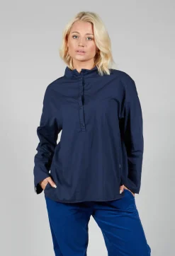 Elemente Clemente Shirts & Blouses^Half Button Through Shirt with Stand Collar in Dark Blue