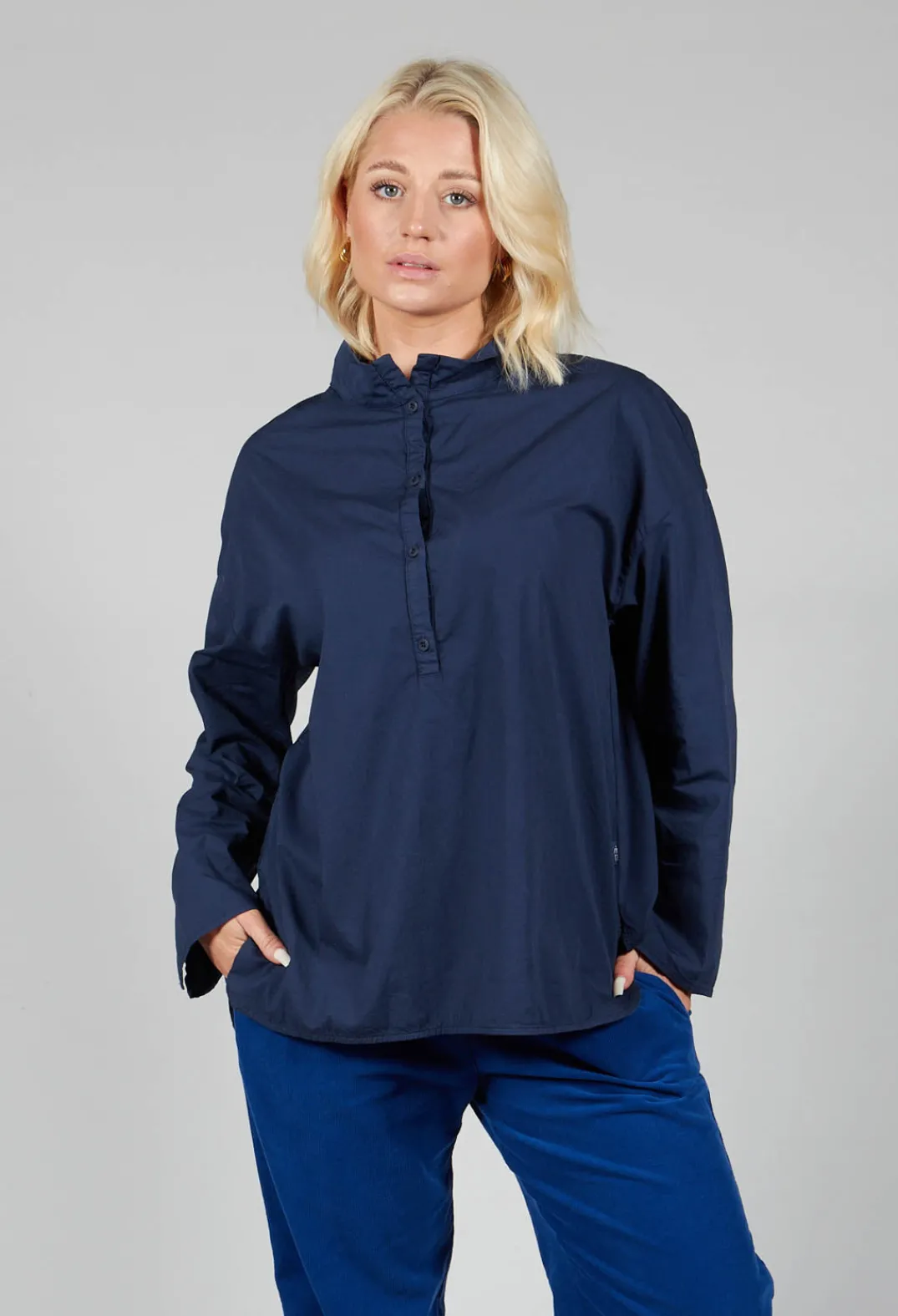 Elemente Clemente Shirts & Blouses^Half Button Through Shirt with Stand Collar in Dark Blue