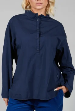Elemente Clemente Shirts & Blouses^Half Button Through Shirt with Stand Collar in Dark Blue
